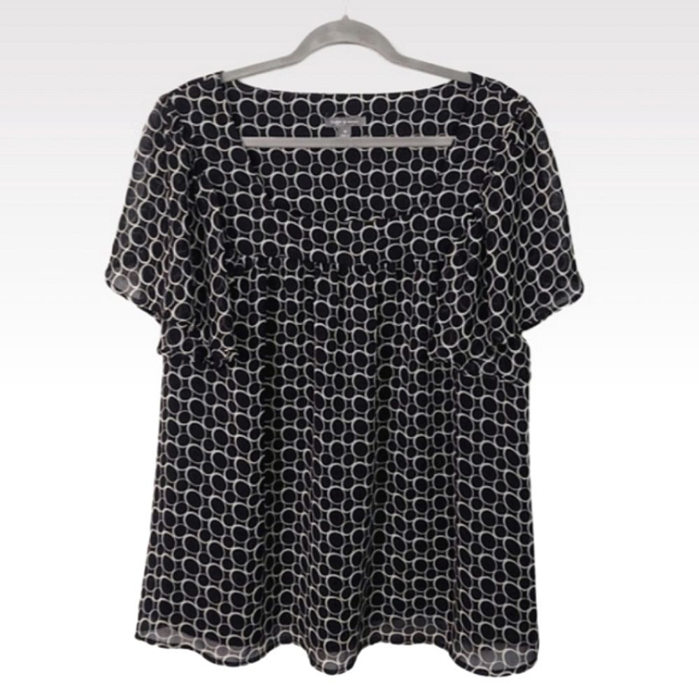 Flutter Sleeve Blouse 1X Black & White Circle Print Square Neck Lined Tunic Top